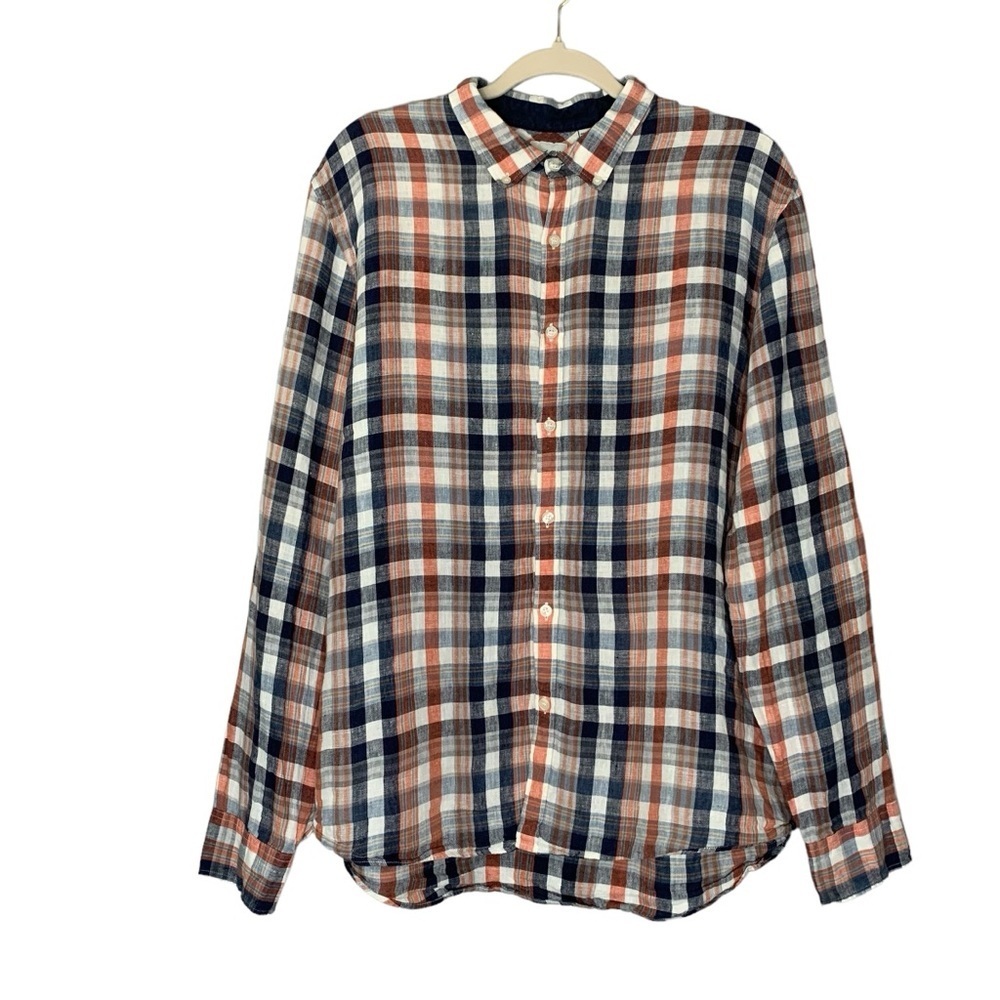 Baird McNutt Linen Murano Slim Fit button down blue and orange‎ plaid. Size XL